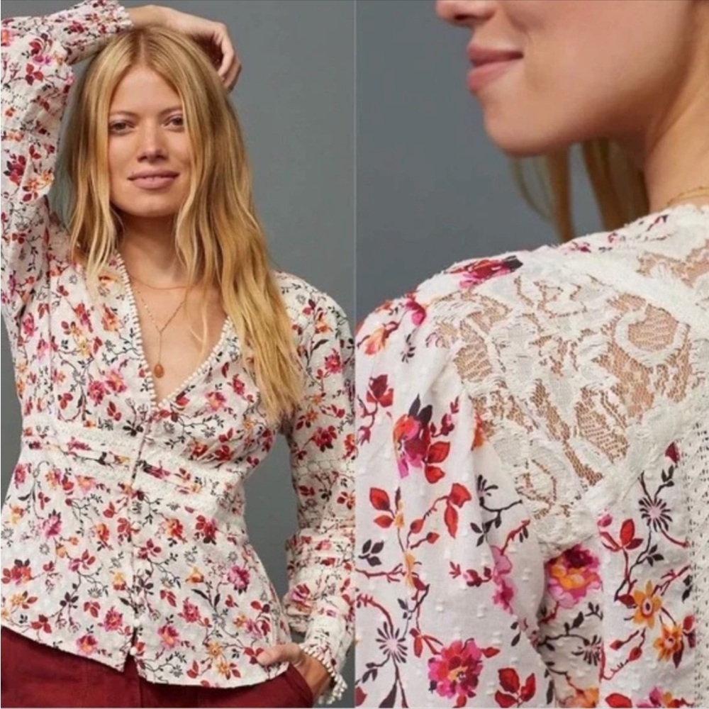 Anthropologie Floral Bohemian Blouse Long Sleeve Size4